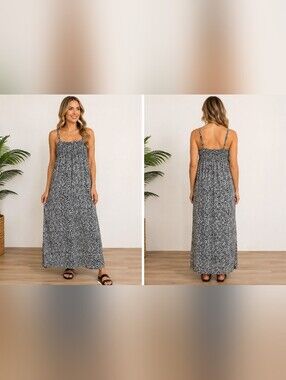 Island Planet Miami Beach Rayon Maxi Dress Black White Print Adjustable Straps L